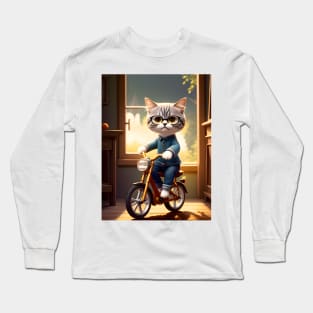 Cat on a Bicycle - Modern Digital Art Long Sleeve T-Shirt